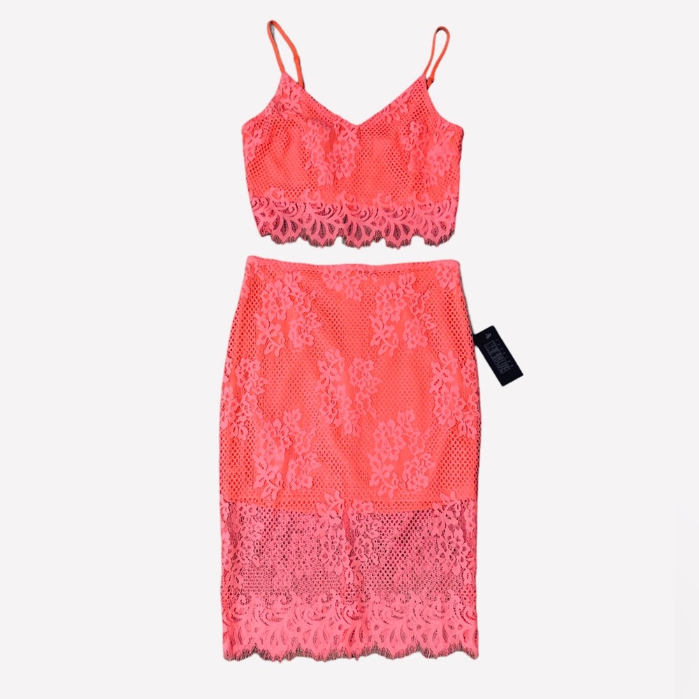 Lush 2 PC Set Coral-Pink Lace Crop Top and Skirt (New)-Size S/M